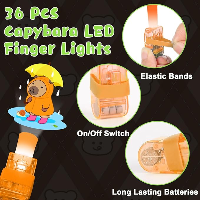 36Pcs Capybara LED Finger Lights Animal Party Favors Glow in the Dark Light Up Toys Capybara Themed Toys Bulk for Birthday Party Favors Treasure Box Goodie Bag Stuffer Birthday Gifts Classroom Prize