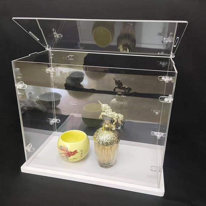 Clear Acrylic Display Cabinet Assembly, Thickened Base, top openable Door, Sturdy L-Shaped Buckle, dust Protection Cabinet for Action Doll Toy Collectibles (White, 35x20x30cm/14x8x12in)