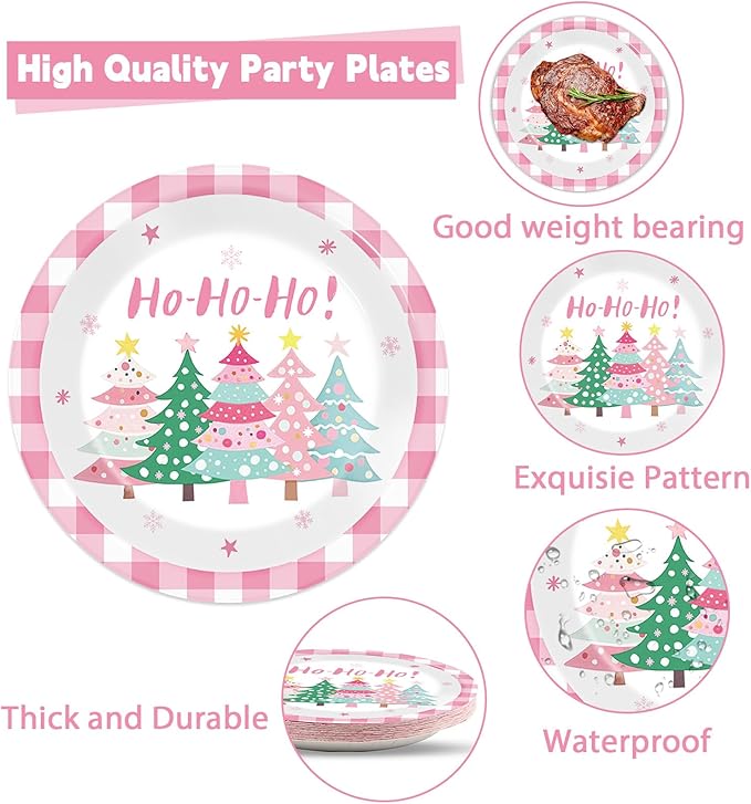 CHUNNIN 96Pcs Pink Christmas Trees Paper Plates and Napkins Xmas Watercolor Party Decorations Pink Xmas Trees Disposable Tableware Set for Kids Girls Winter Holiday Birthday Home Party Supplies