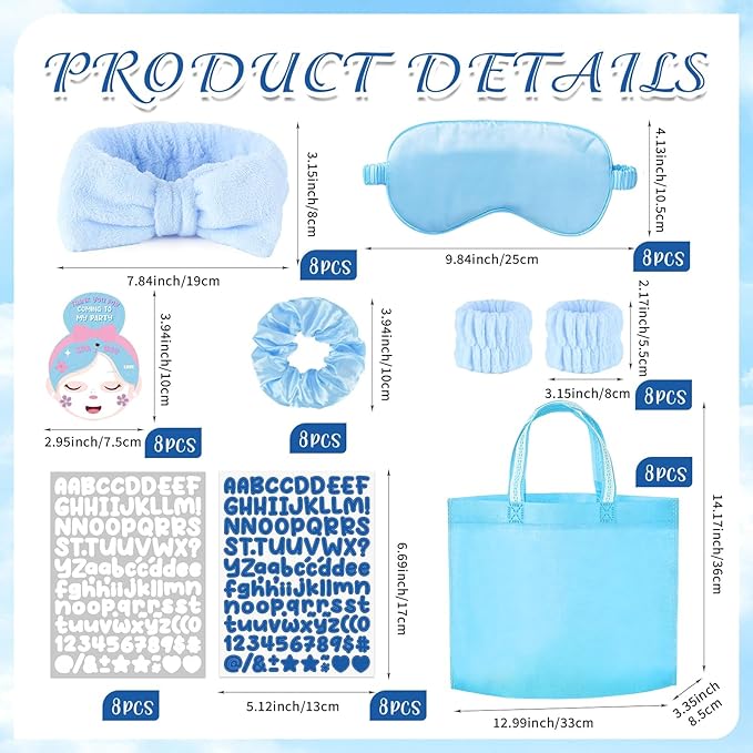 72 Pcs Blue Spa Sleepover Party Supplies for Girls With DIY Stickers And Greeting Card Pink Headband Wristbands Eye Mask Hair Scrunchie Tote Bag Sleeping Slumber Party Favors