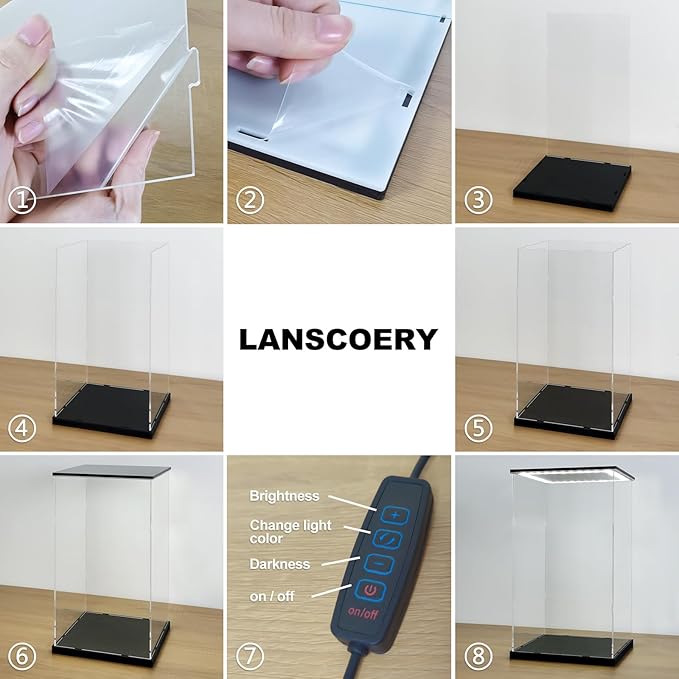 LANSCOERY Acrylic Display Case with Adjustable Yellow/White/Warm LED Light, UV Protection Clear Display Box, Dustproof Showcase for Action Figures, Models, Collectibles - 7.9x7.9x13.8inch