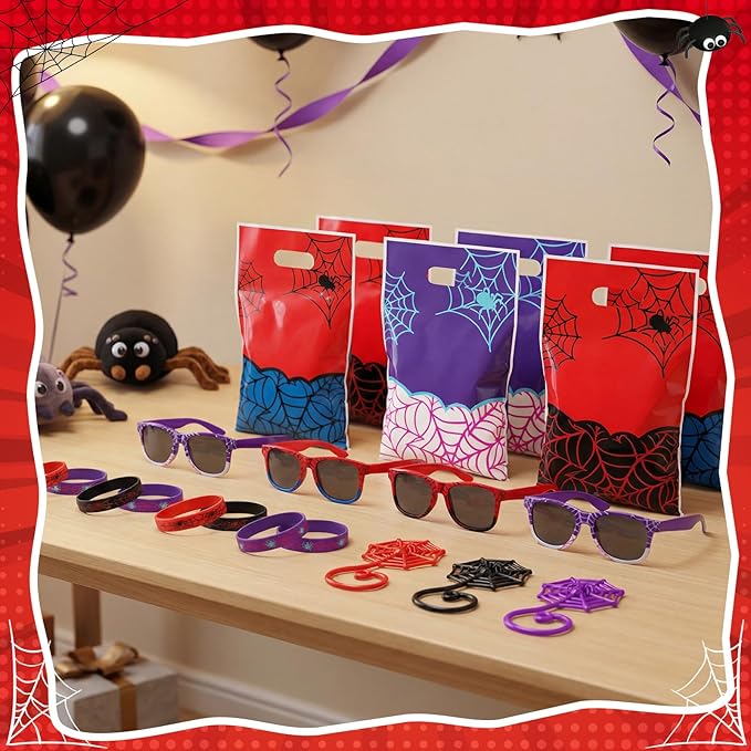 Soulchen 48 Pieces Spiderweb Birthday Party Decoration Set Spiderweb Gift Bags Spider Silicone Bracelet Sunglasses Cobweb Sticky Hands Toys for Birthday Party Supplies Favors (Vibrant)