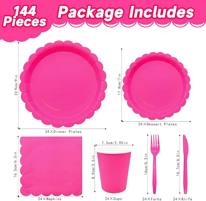 144Pcs Rose Red Party Supplies Hot Pink Party Tableware Sets Serve 24 Guests Includes Rose Red Paper Plates Cups Napkins For Wedding Baby Shower Birthday Decorations