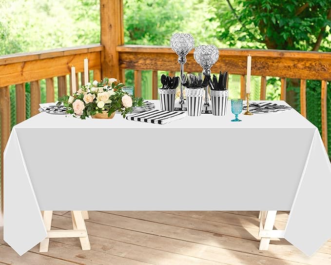 154 Pcs Black & White Party Supplies Disposable Dinnerware Set - Striped Tablecloth, Plates, Cups, Napkins, Cutlery for Wedding Birthday Party Supplies