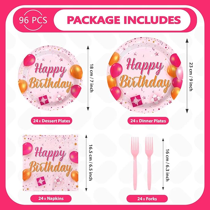 96Pcs Pink and Orange Birthday Party Decorations Pink and Orange Plates and Napkins Disposable Tableware Sets for Sunset Theme Birthday Party Decorations Serves 24