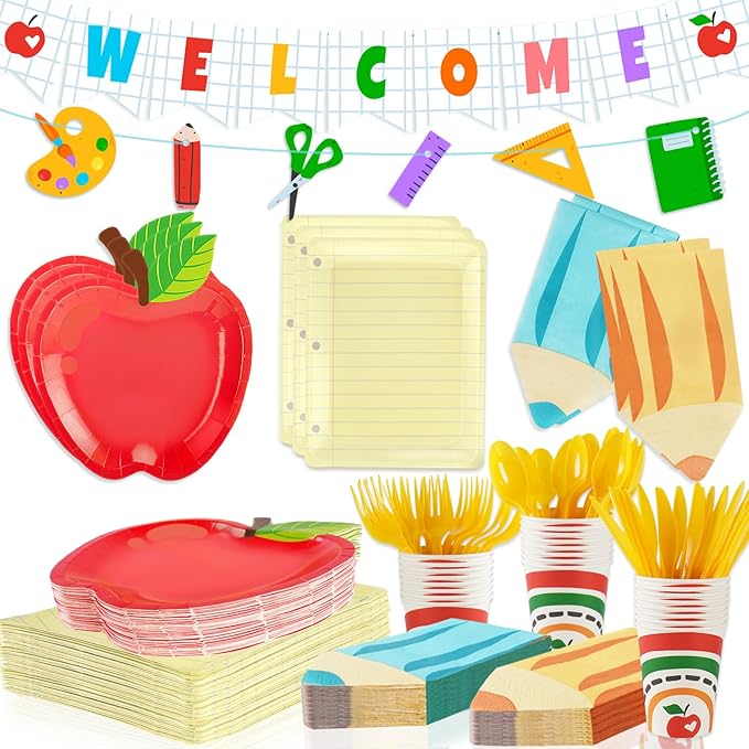 OuMuaMua 177Pcs Back to School Party Plates Napkins Cups with Welcome Banners Supplies First Day of School Disposable Tableware Set for Preschool Kindergarten Graduation Party Table Decor, Serves 25