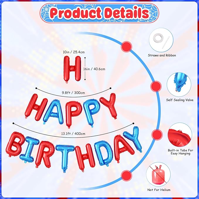 29PC Blue and Red Happy Birthday Balloon Banner, 16Inch 3D Aluminum Letter Banner Sign, Red Blue and Silver Balloons 18 Inch Star Foil Balloon for Women, Men Party Supply