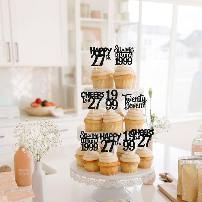 30PCS Black 27th Birthday Cupcake Toppers Glitter Twenty Seven Happy 27th Straight Outta 1999 Cupcake Picks for Cheers to 27 Years Birthday Wedding Anniversary Party Cake Decorations Supplies