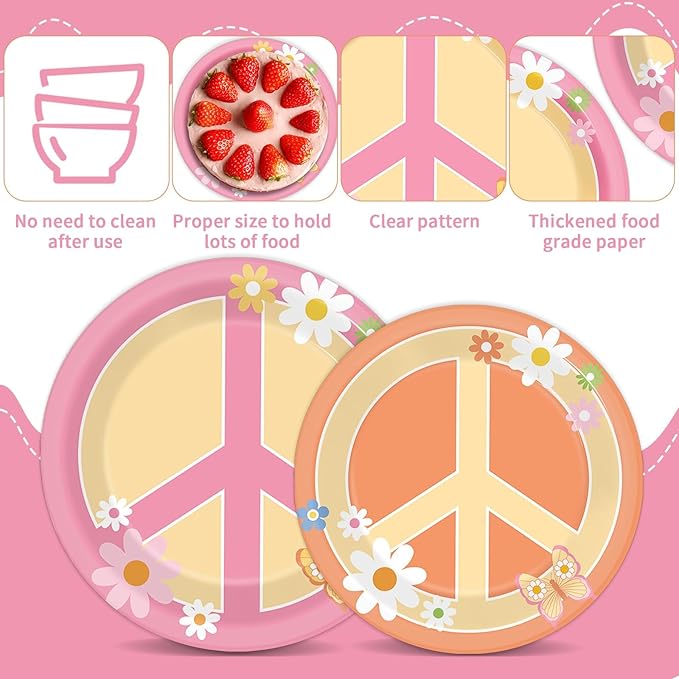 96 Pcs Groovy Birthday Party Supplies for 24 Guests Hippie Peace Sign Tableware Plates Napkins 60's 70's Two Groovy Retro Dinnerware Table Decorations Hippie Party Favor for Birthday Baby Shower Decor