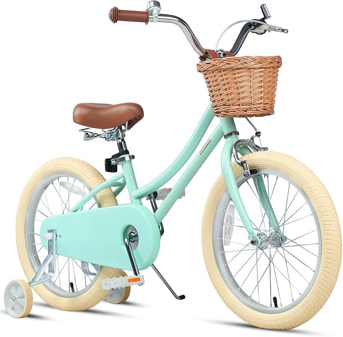 Petimini Vintage Kids Bike for Girls, 12–20 Inch Classic Bicycle with Wicker Basket & Bell, High Tensile Steel Frame, Training Wheels (12–18”), 85% Pre-Assembled, Retro Bike for Outdoor Riding