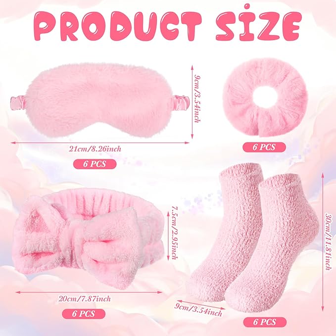30 Pieces Galentine Spa Sleepover Party Supplies 6 Pink Bow Headband 6 Plush Sleep Eye Mask 6 Velvet Scrunchies 6 Pair Fuzzy Sock for Spa Slumber Party Favors Valentine Gift