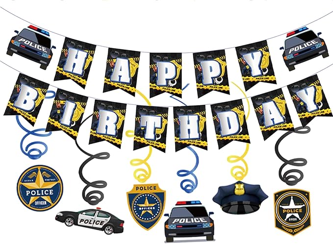 Police Birthday Party Supplies Police Party Decorations Include HAPPY BIRTHDAY Banner Balloons Cake Topper Cupcake Toppers Spirals Background Police Birthday Party Decorations