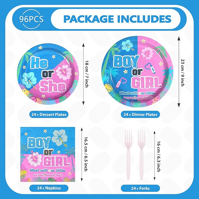 96Pcs Hawaiian Party Decorations Hawaii Tropical Cartoon Plates and Napkins Sets Blue and Pink Hawaiian Aloha Decorations for Boy or Girl He or She Gender Reveal Baby Shower Party Supplies Serves 24