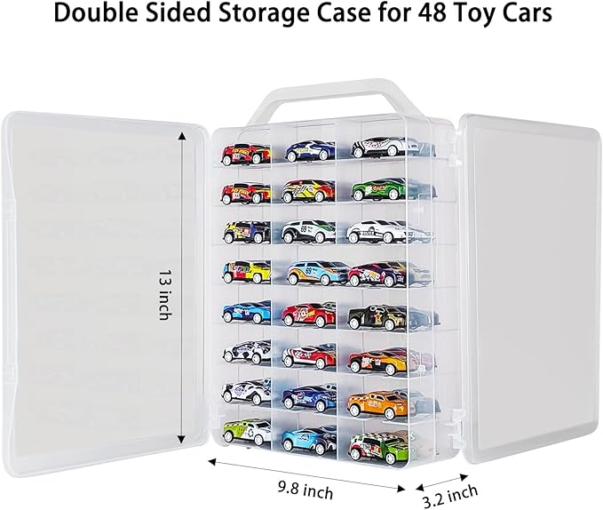 Portable Transparent Double Sided Storage Case - 48 Compartments for Toy Cars, Matchbox Cars, 1:64 Scale Model Cars, with Handle (Case Only)