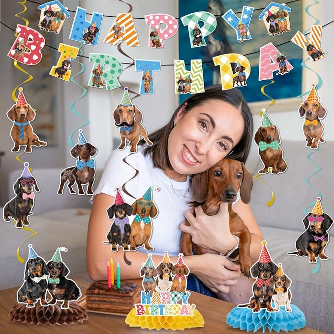 Dachshund Dog Birthday Decorations Include Happy Birthday Banners Dachshund Hanging Swirls Honeycomb Centerpiece Puppy Pet Dog Birthday Theme Party Supplies