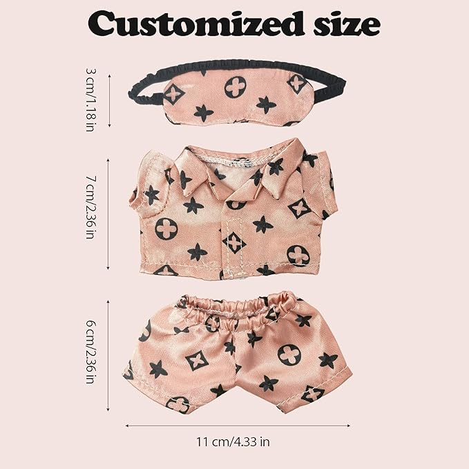 Clothes Compatible with LABUBU Doll - 3PCS Classic Set, 17cm Doll Clothes Designer Outfit for Cozy Night Theme, Stylish Luxury Pajama Accessories for Labubu, No Doll (Rosy Sleepwear Set)