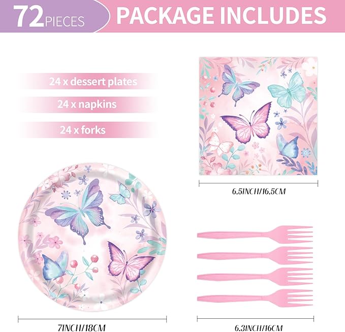 72Pcs Butterfly Plates and Napkins, Butterfly Birthday Paper Plates and Napkins with Forks Disposable Tableware Set for Girl Butterfly Birthday Decorations
