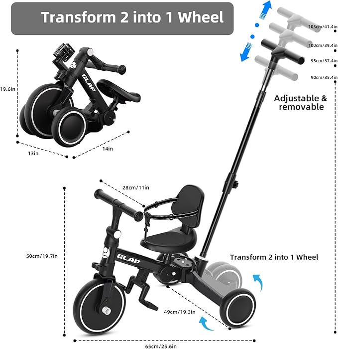 Glaf Tricycle for Toddlers 1-3 Toddler Bike with Push Handle 2-4 Years Baby Bike Toys for 2 Years Boys and Girls Balance Bike with Adjustable Seat Height and Backrest Birthday Gift（Black