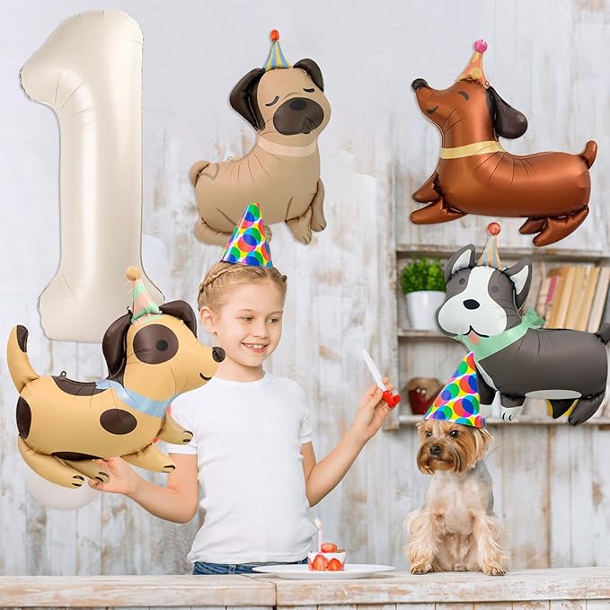 Animal Dog Balloons Puppy Balloon 40 Inch Cream White Number 1 Balloons for Dog 1st Birthday Decorations Dogs Birthday Party Supplies