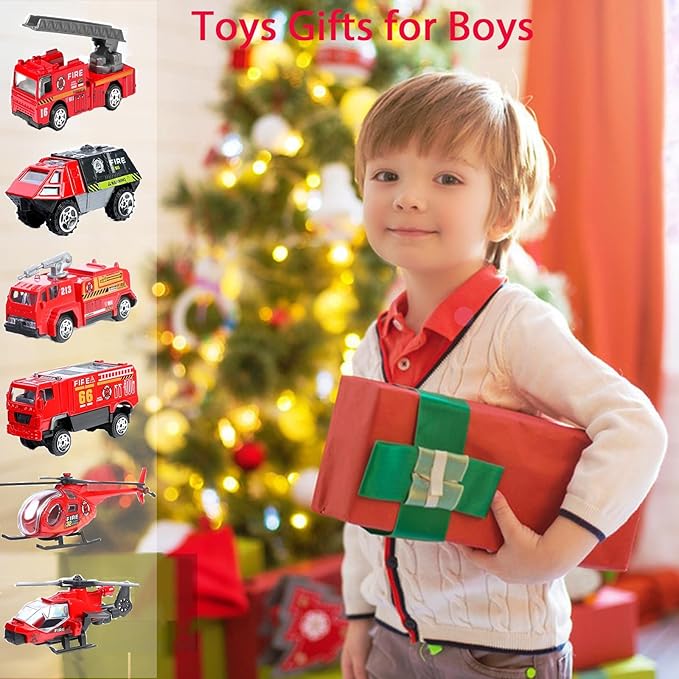Fire Truck Toy for Boys, 6 Pcs Diecast Car Fire Truck, Helicopter,Ladder Truck, Fire Rescue Vehicle, Car Playsets Birthday Gift for Boys Kids Age 4 5 6 7 8 9 10 11 12