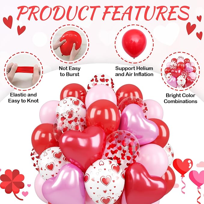 Light Pink and Red Balloons, 12 Inch 50 Pcs Pink and Red Heart Shaped Latex Balloon, White Heart Printed Balloons, for Valentine’s Day Wedding Engagement Anniversary Birthday Party Decorations