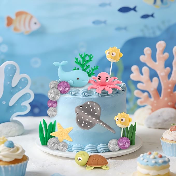 Hooqict 20Pcs Sea Ocean Cake Decorations Set with Mini Octopus, Turtle, Fish, Sealife, Under the Sea Cake Toppers for Underwater World Ocean Animals Theme Baby Shower Birthday Party Decorations