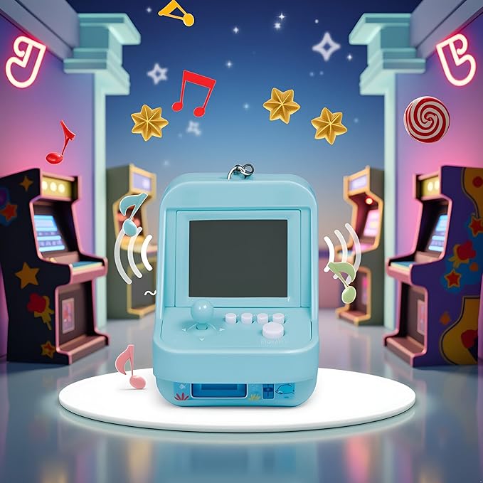 1PC Blue Micro Player Mini Arcade Machine with Keychain, 26 Classic Game Modes Support Music Mini Building Block Game Console for Plug and Play Video Games Automotive Trim Automobile Keychains