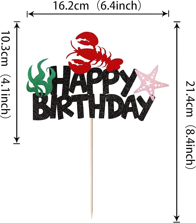 1 Pack Crawfish Happy Birthday Cake Topper Glitter Lobster Starfish Seaweed Theme Birthday Cake Pick for Baby Shower Birthday Ocean Party Cake Decoration Supplies Black