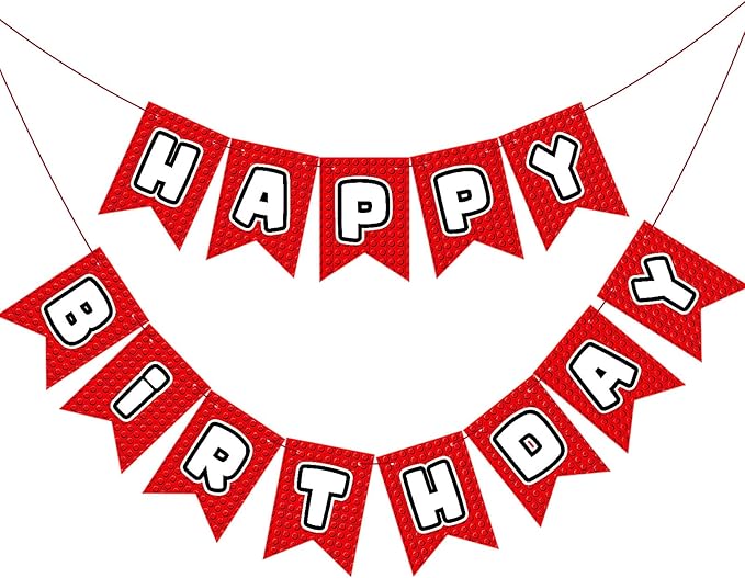 Oudain Pre-Strung Happy Birthday Banner Red Building Blocks Happy Birthday Decorations Building Block Themed Party Supplies for Boys Girls