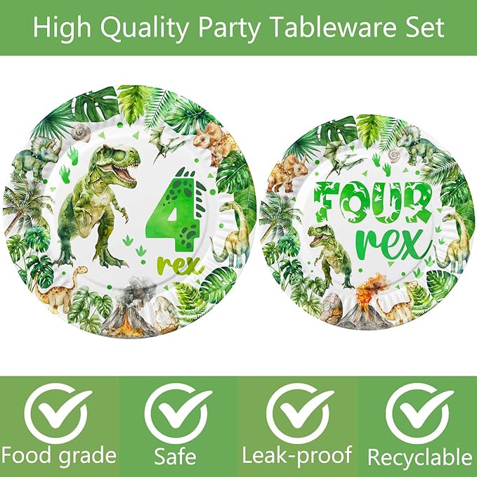 80 Pcs Watercolor Dinosaur 4th Birthday Party Supplies Roar I'm Four Birthday Tableware Includes Plates, Forks, Napkins for Boys 4 Rex Dinosaur Four Year Old Birthday Party Decorations Favors