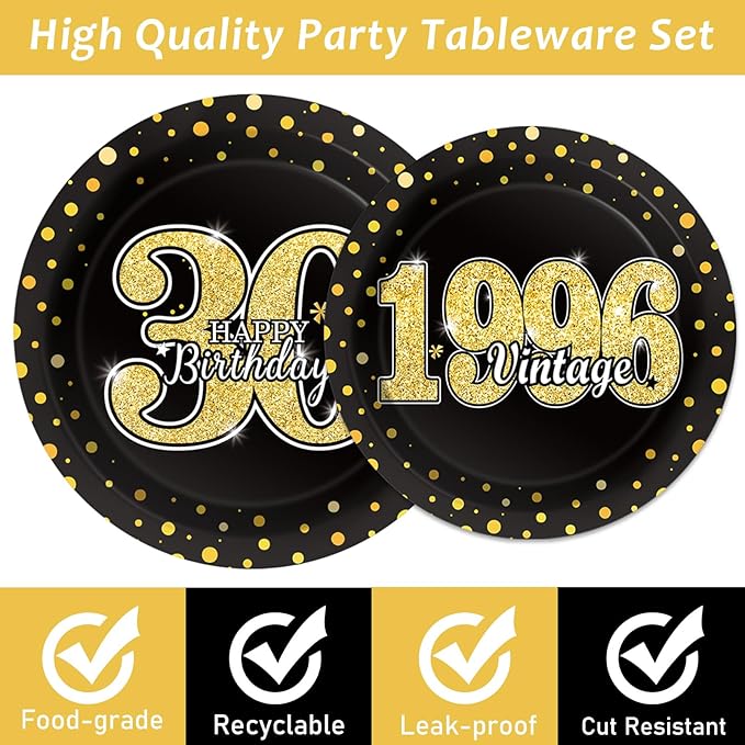 96PCS 30th Theme Birthday Party Tableware Vintage 1996 Party Supplies 30 Year Old Birthday Decorations Plates Napkins Forks Black and Gold Dinnerware Favors for Men or Women