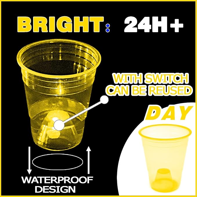 Glow in The Dark Yellow Party Cups 40 Pack (16 oz) - LED Light Up Plastic Cups for Summer BBQs Lemon Themes Birthdays, Neon Bright Drinking Cups for Sports Events Camping & Festival Decorations