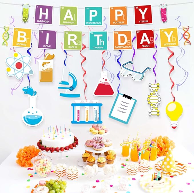 Science Happy Birthday Banner Backdrop Periodic Table Chemistry Theme Decorations Decor for School Science Laboratory Lab Science Classroom Boy Girl Kid Birthday Party Baby Shower Supplies Background