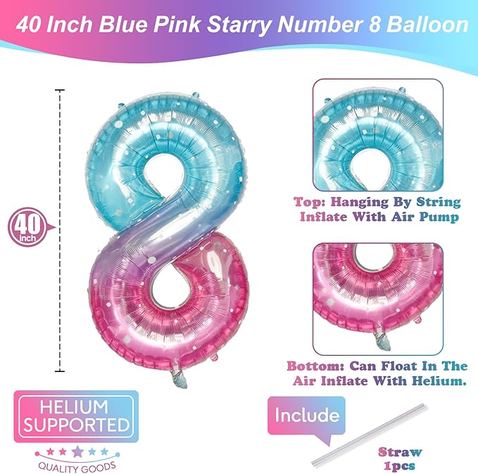 Purple Teal Number 8 Balloons, 40 Inch Giant Mermaid Starry Mylar Foil Number 8 Ballon for Girls, Self Inflating 8th Birthday Helium Balloon for Women 8th Anniversary Party Decorations Supplies