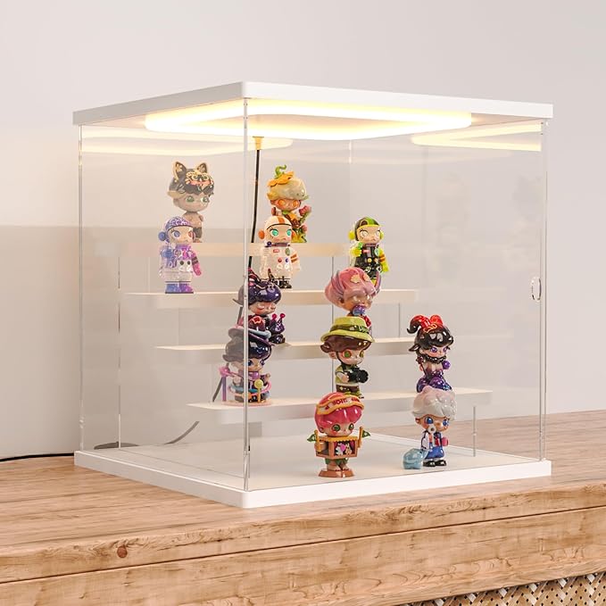 Nynelly Acrylic Lighted Display Case for Collectibles, 5 Tier Figure Display Box with Door and Steps, Assemble Dustproof LED Showcase Storage Box for Mini Figures, Funko Pop, Toys, White