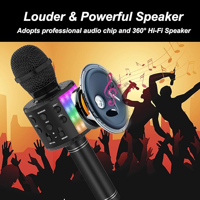 Bluetooth Karaoke Microphone for Singing: Professional Handheld Wireless Microphone with Lights for Kids Adults Black