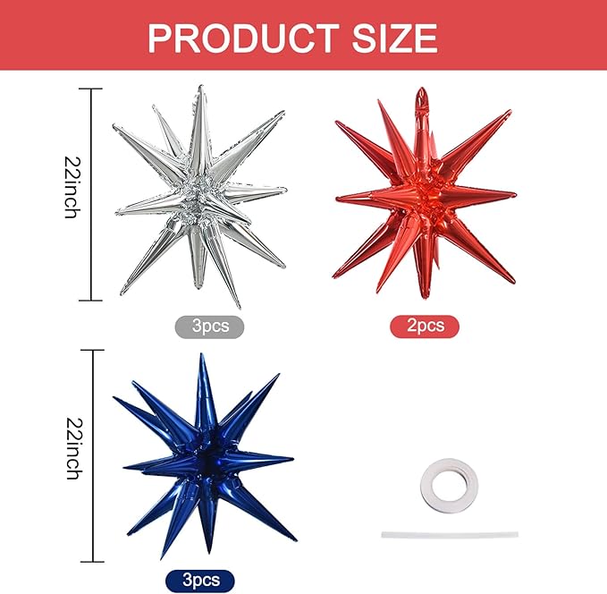 TONIFUL 8 Pcs Navy Blue Silver Red Foil Balloons Large Star Balloons Explosion Star Mylar Balloons for Independence Day Christmas New Year Birthday Wedding Baby Shower Anniversary Photo Booth Supplies