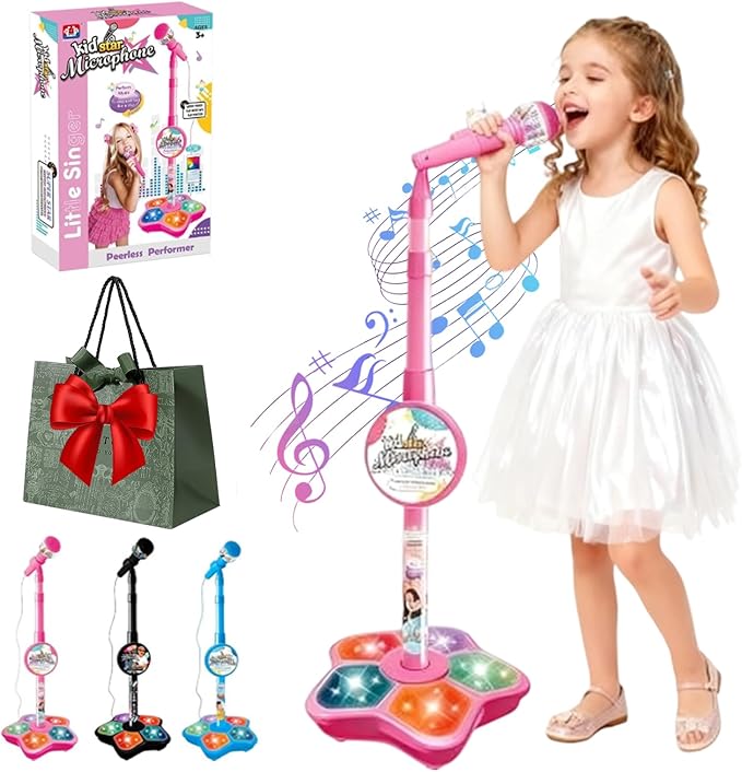 The All-in-One Microphone Toy, 2026 New Toy Microphone for Kids with Stand & Colorful Lights, Got Built-in Music, Echo Effects, Fun and Easy-to-Use, for Little Singers (Pink)