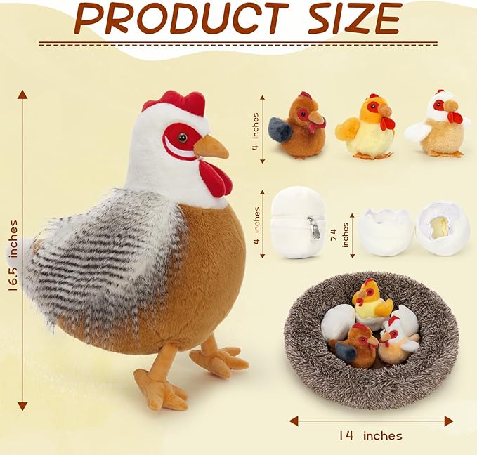 8Pcs Easter Chicken Stuffed Animal, Stuffed White Hen with Little Baby Chicks and Coop, Plush Toys for Kids, Hit of Christmas Farm Party