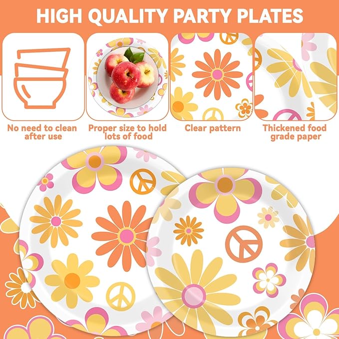 96 Pcs Groovy Party Supplies for 24 Guests Retro Hippie Boho Tableware Plates Napkins Daisy Flower Birthday Dinnerware Table Decorations Retro Hippie Daisy Party Favor for Kitchen Dinning Home Decor