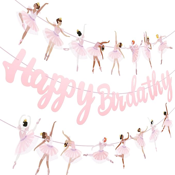 3 Pcs Ballerina Dancer Happy Birthday Banners Ballet Dancing Hanging Garland Pink Ballerina Party Decorations for Girls Women Birthday Wedding Ballet Theme Baby Shower Party Supplies