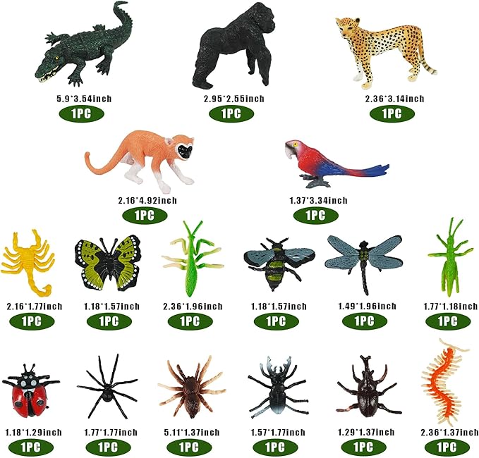45 PCS Rainforest Animals Insect Figures Mixed Plastic Model Trees Forest for Rainforest Cake Topper Birthday Party Supplies Decorations