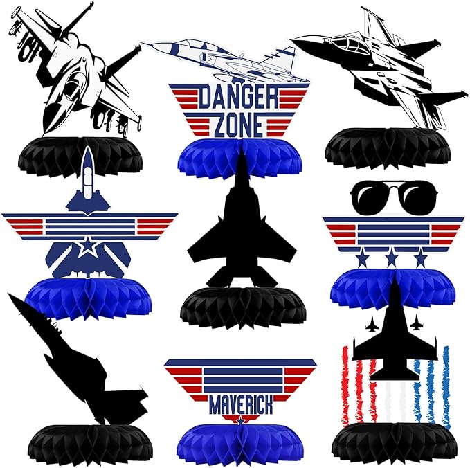Fighter Pilot Party Honeycomb Centerpieces, 9 Pack Jet Airplane Table Decorations with Danger Zone Signs Airshow Trails Pilot Glasses, Military Jet Birthday Party Supplies for Kids Boys
