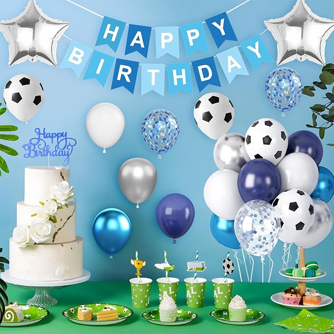 Soccer Birthday Party Decorations for Boys, Soccer Party Decorations with Blue White Balloons Happy Birthday Banner Cake Toppers 18in Foil Balloon for Boys Men Sport Theme Party Decor