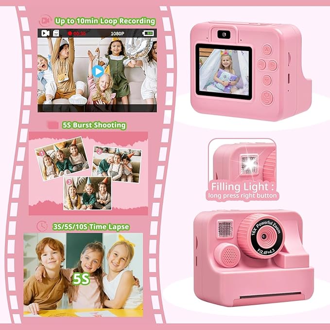 Kids Camera Instant Print, Christmas Birthday Gifts for Kids Age 3-12, Selfie Digital Camera with 1080P Videos,Toddler Portable Travel Camera Toy for 4 5 6 7 8 9 Year Old Boys (Pink)