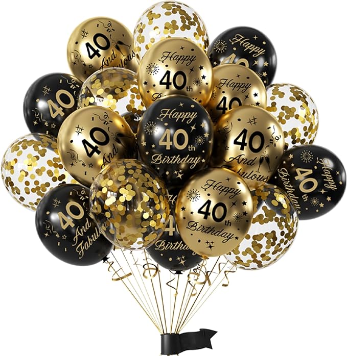Black Gold 40th Birthday Balloons Pack of 15 Men Women Happy 40th Birthday Party Deocorations Supplies Men Women Happy 40th Birthday Ballloons Latex Confetti Balloons 12inch & Ribbon