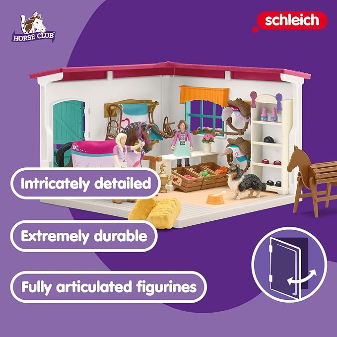 Schleich Horse Club - 67PC Sofia's Tack Shop Playset with Toy Horse Figurine, 2 Poseable Action Figures and Accessories - Realistic Pretend Shopping Toys for Girls and Boys - Kids Toys Ages 5+ | 42568