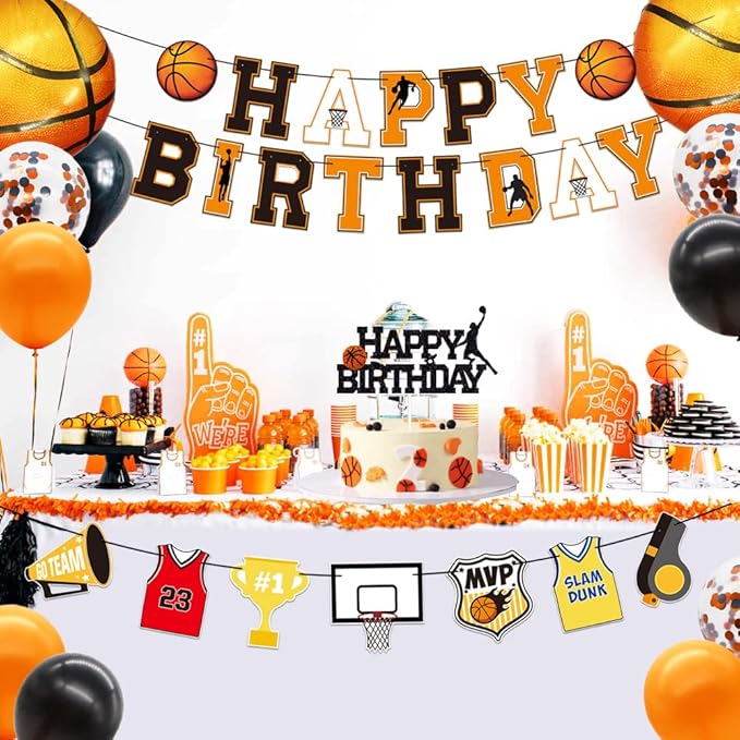 Basketball Birthday Decorations Include Pre-Strung Happy Birthday Banners, NO DIY Cake Topper, Balloons, Slam Dunk Sports Game Day Themed B-Day Party Supplies for Kids Teenagers Boys Men Women