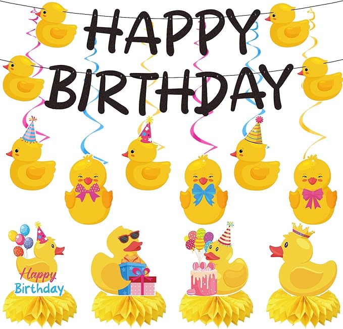 Duck Birthday Party Decorations - 18PCS Duck Party Decorations with Banner Hanging Swirls Centerpieces for Tables Duck Happy Birthday Decorations for Duck Themed Baby Shower Party Supplies