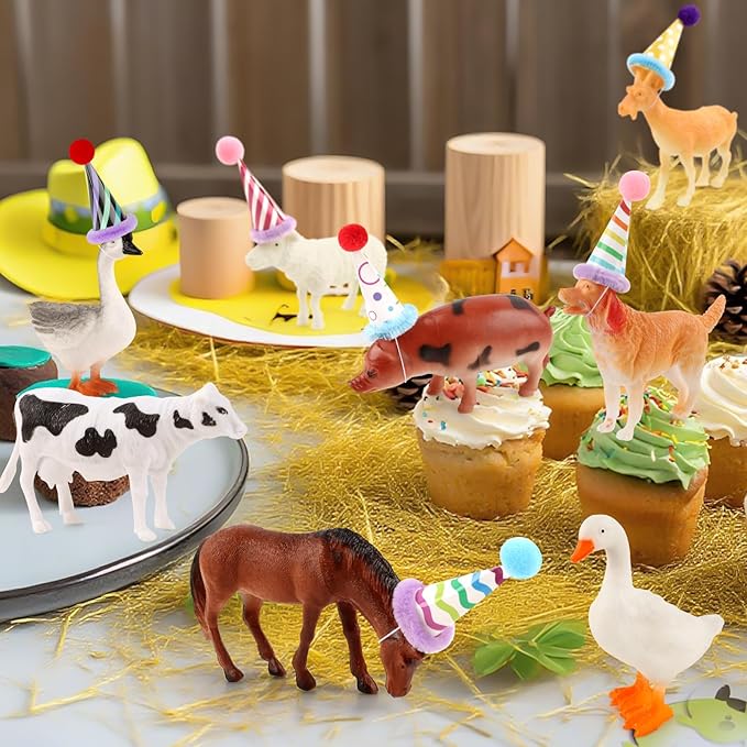 Hooqict 20Pcs Farm Animal Cake Toppers Animals Figures with Mini Party Hats Birthday Cake Decorations for Farm Birthday Party Decorations Favors Supplies